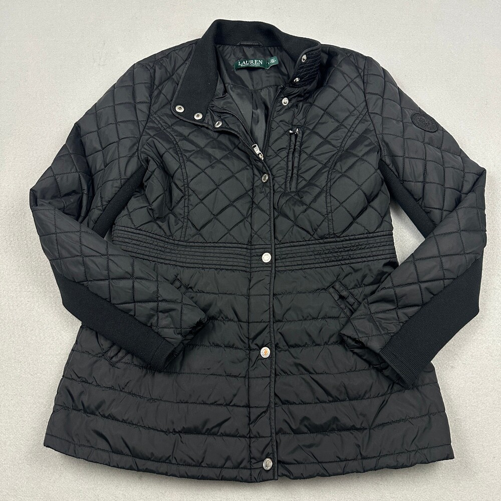 Lauren Ralph Lauren Jacket Women Small Black Quilted Zip Snap Knit Panel Coat S